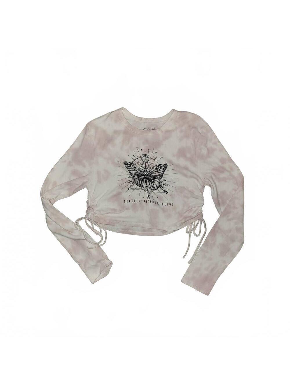Cold Crush Pink/white long sleeve ruched side crop top Size L